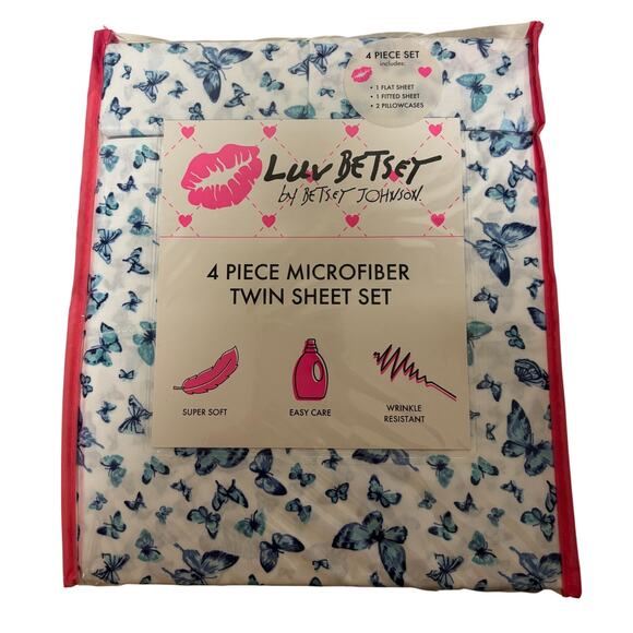 Betsey Johnson Other - Betsey Johnson Butterfly Twin Sheet Set 4 Piece Microfiber Blue White NIP New